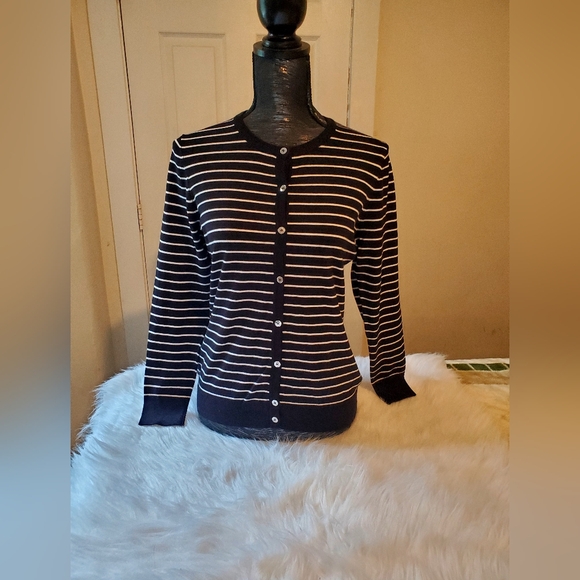 Jones New York Black and White Striped Cardigan - Picture 1 of 6